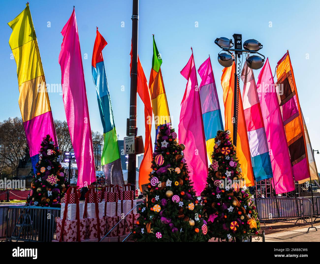 Colorful flags line the Thanksgiving Day Parade route; Philadelphia Museum of Art; Philadelphia; Pennsylvania; USA Stock Photo