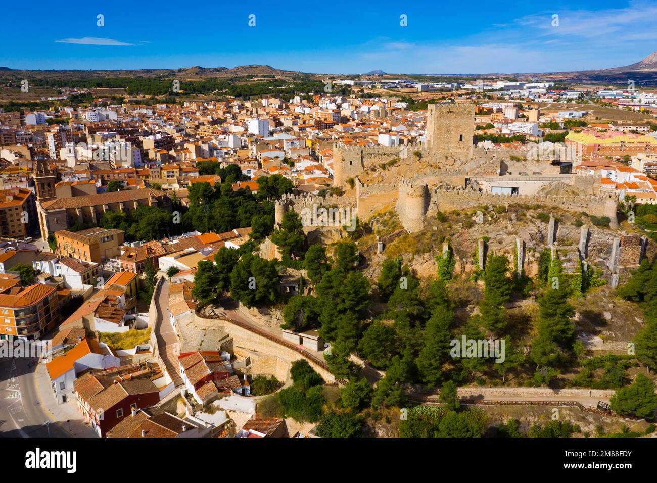Aerial view of Spanish town of Almansa with Castle on hilltop Stock Photo