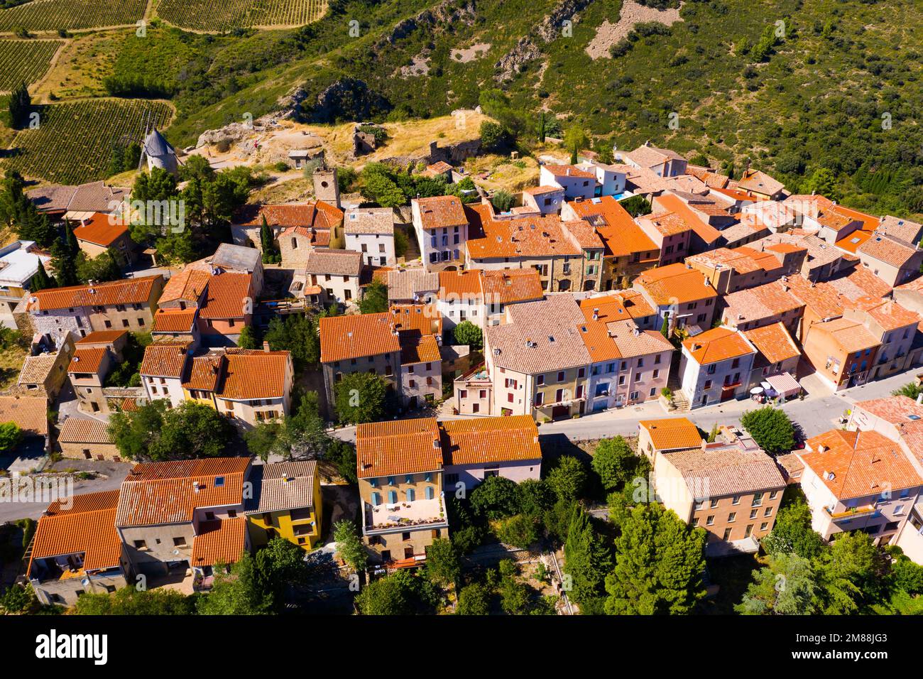 Aerial view of little village Cucugnan in the Aude area Stock Photo