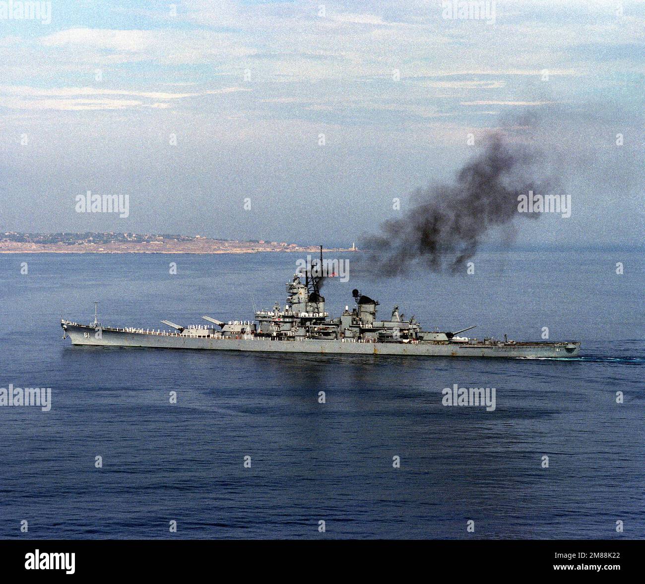 A port beam of the battleship USS IOWA (BB-61) underway. Base: Augusta Bay Country: Sicily (SIC) Stock Photo