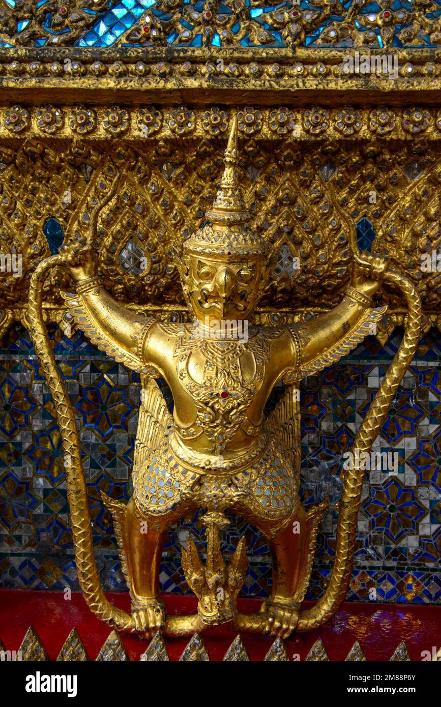 Garudas with Nagas, bird-like mythical creatures, Wat Phra Kaeo temple, old royal palace, Temple of the Emerald Buddha, Bangkok, Thailand, Asia Stock Photo