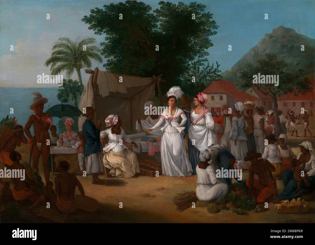 A Linen Market with enslaved Africans. West Indies, circa 1780 Stock Photo