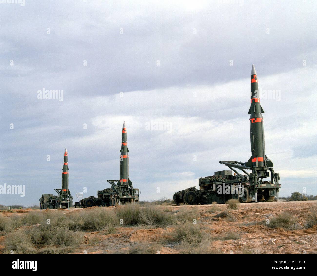 Several Pershing II missiles are prepared for launching at the McGregor Range. Base: White Sands Missile Test Range State: New Mexico (NM) Country: United States Of America (USA) Stock Photo