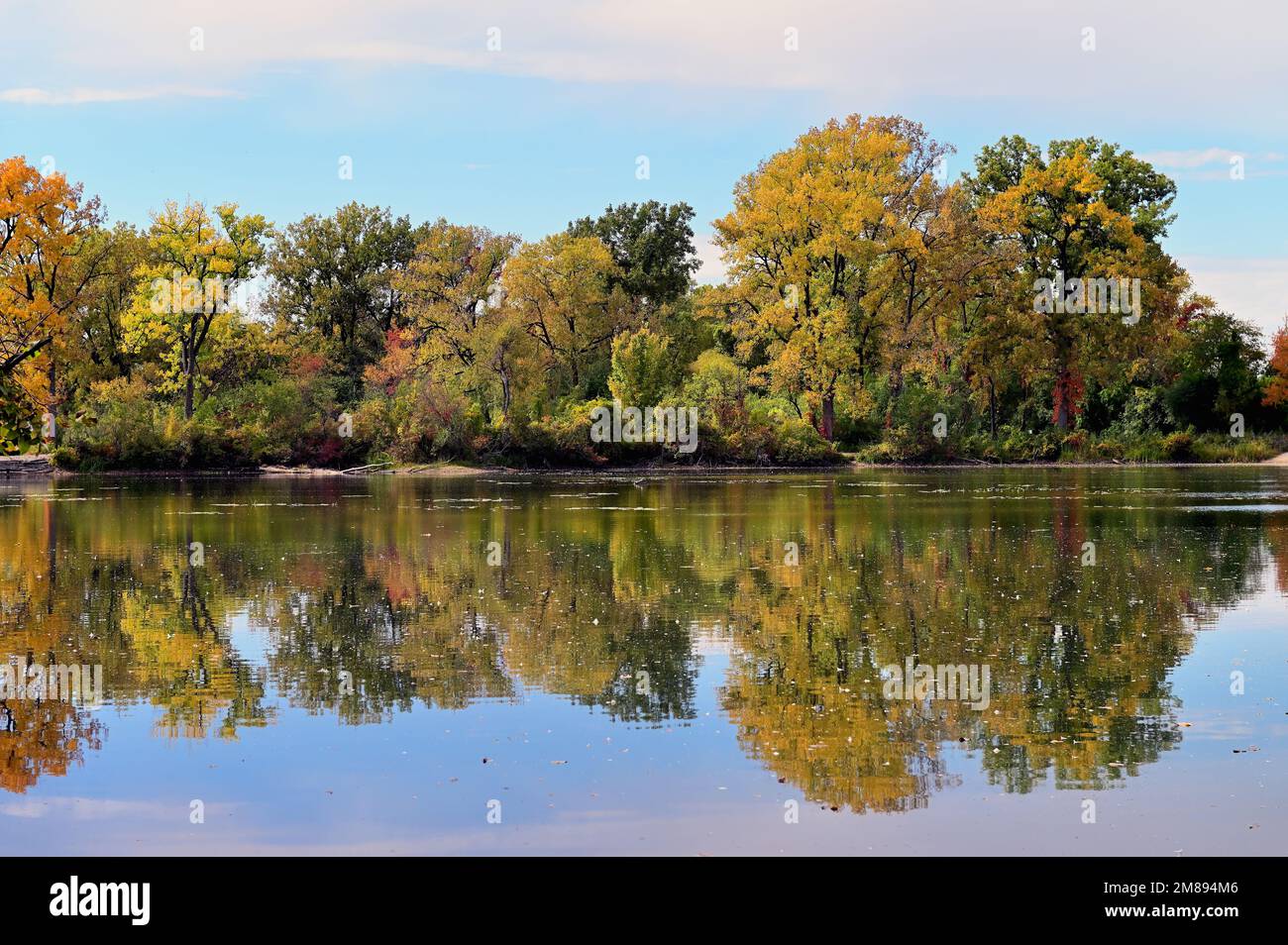 Wayne, Illinois, USA. The beauty of autumn color is just beginning to emerge around a lake at a protected forest preserve in northeastern Illinois. Stock Photo
