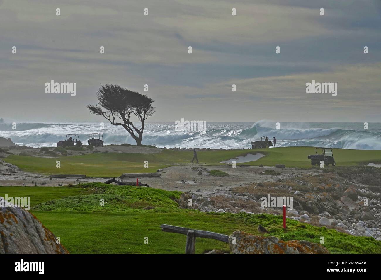 Pebble Beach, California, USA. 12th Jan, 2023. Green staff repair the