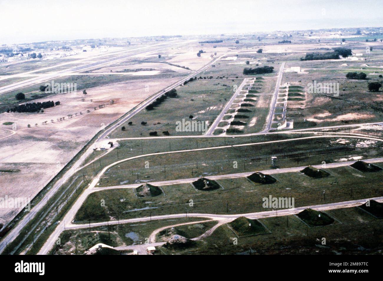 An aerial view of Naval Station, Rota, including weapons bunkers. Base