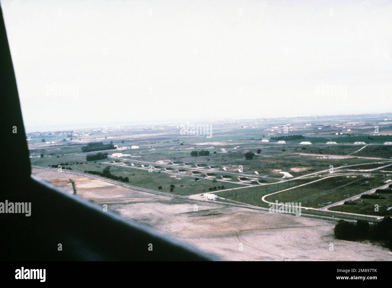 An aerial view of Naval Station, Rota, including weapons bunkers. Base
