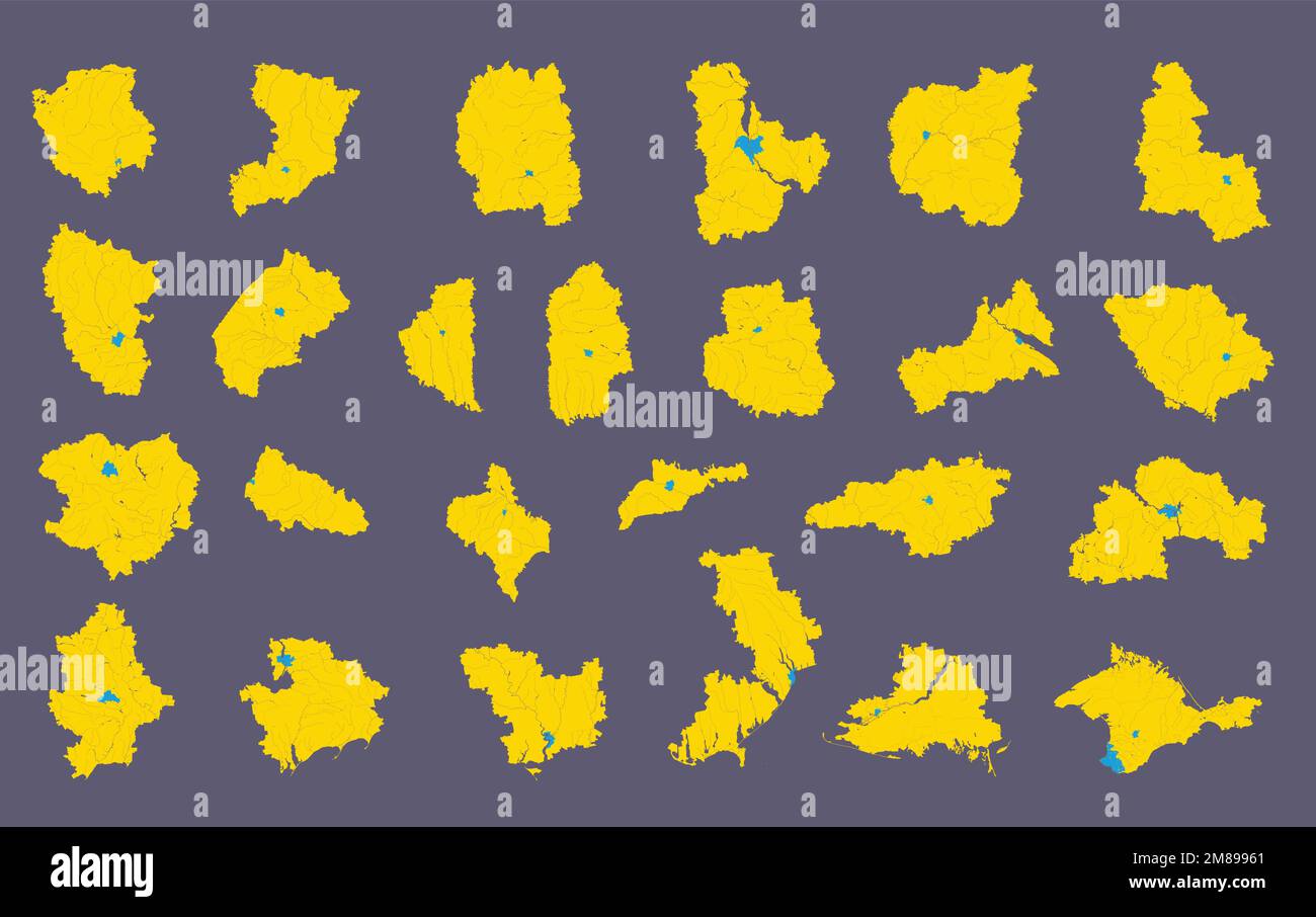 Administrative divisions of Ukraine - maps of regions of Ukraine - oblasts with their administrative centers, autonomous republic and cities with spec Stock Vector