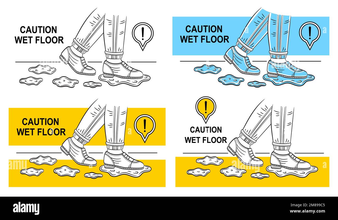 Wet slippery floor caution, danger human slip walk on clean washed room flooring icon set. Legs in shoes step on water drop indoor. Fall risk. Vector Stock Vector