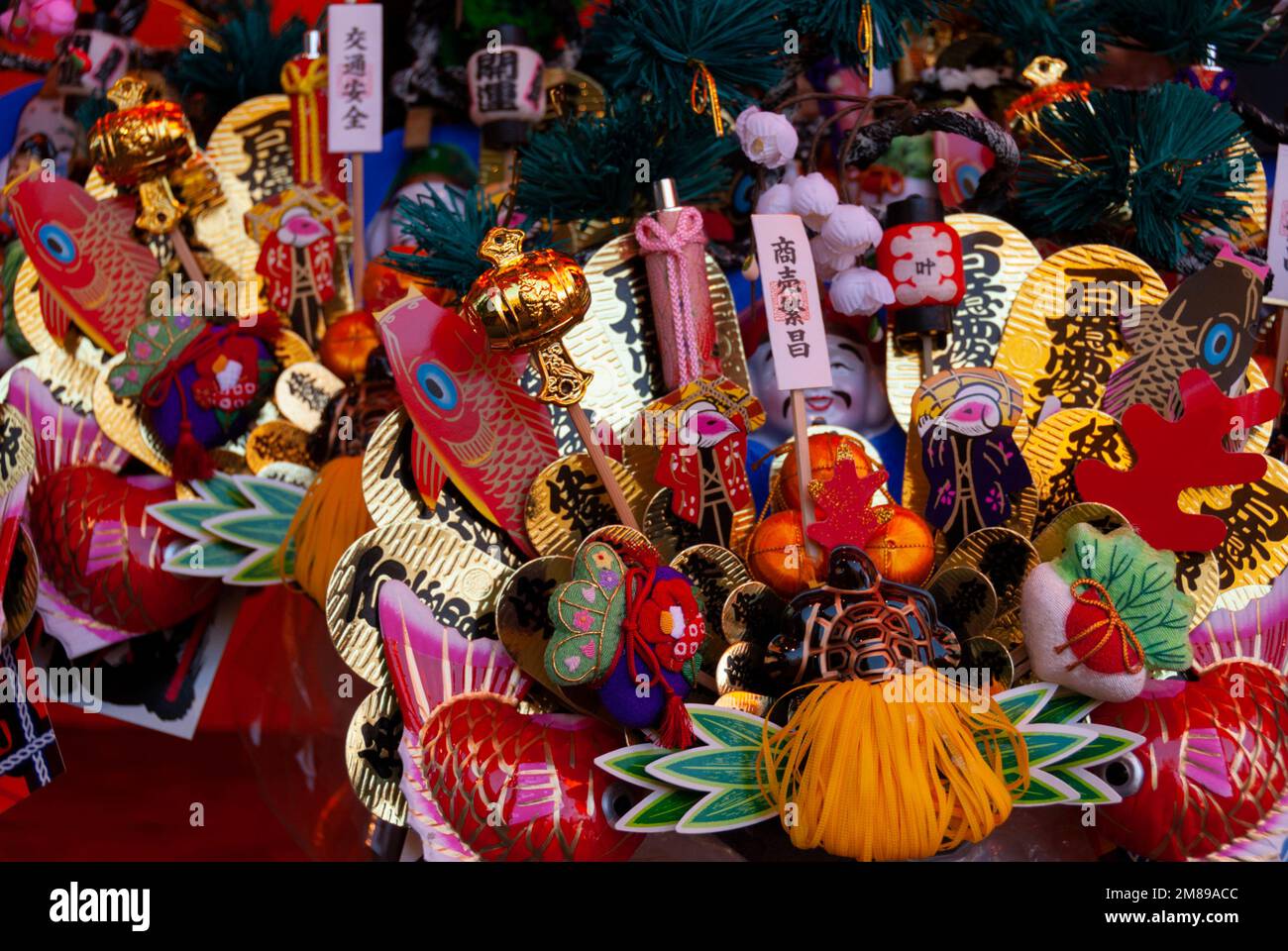 New Year’s decorations symbolising goog luck for sale at the Suwa