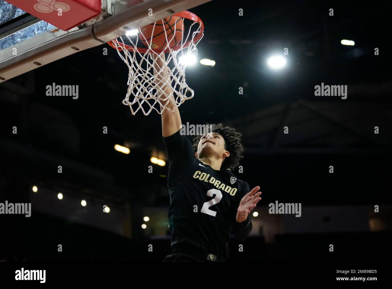 Colorado guard KJ Simpson (2) shoots during the first half of an NCAA college basketball game against Southern California in Los Angeles, Thursday, Jan. 12, 2023. (AP Photo/Ashley Landis) Stock Photo