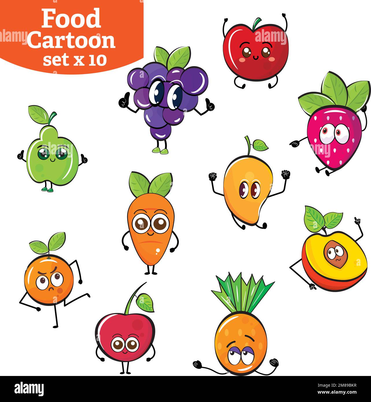 Set of cute fruit cartoon characters Vector Stock Vector Image & Art