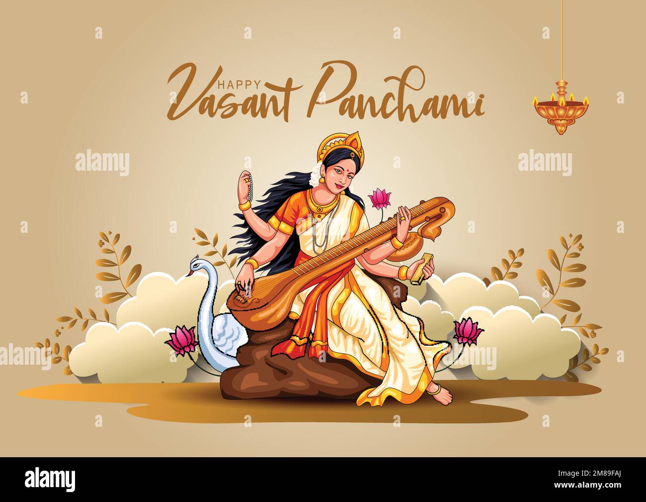 Sarasvati for happy Vasant Panchami Puja of India. poster, banner, flyer vector illustration design Stock Vector