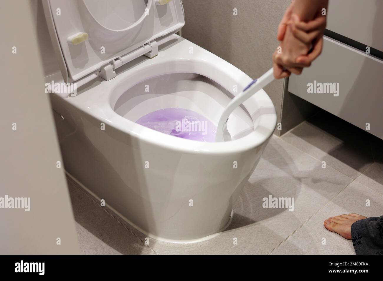 Clean out the toilet with toilet brush, cleaning the bedpan Stock Photo
