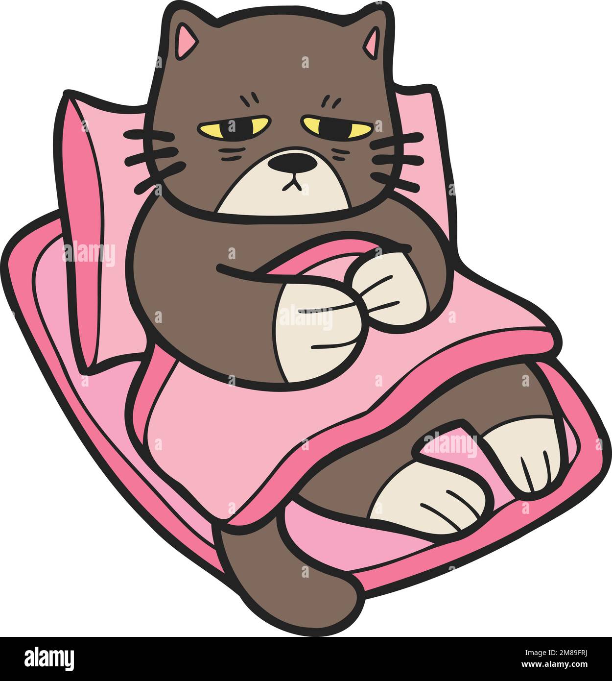 Hand Drawn sick cat sleeping on pillow illustration in doodle style