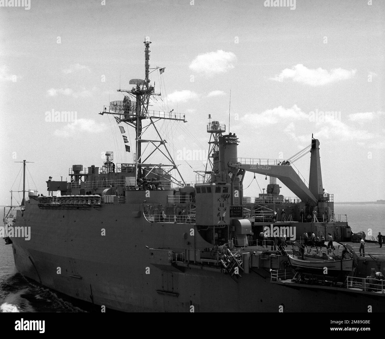 A partial port quarter view of the amphibious transport dock USS