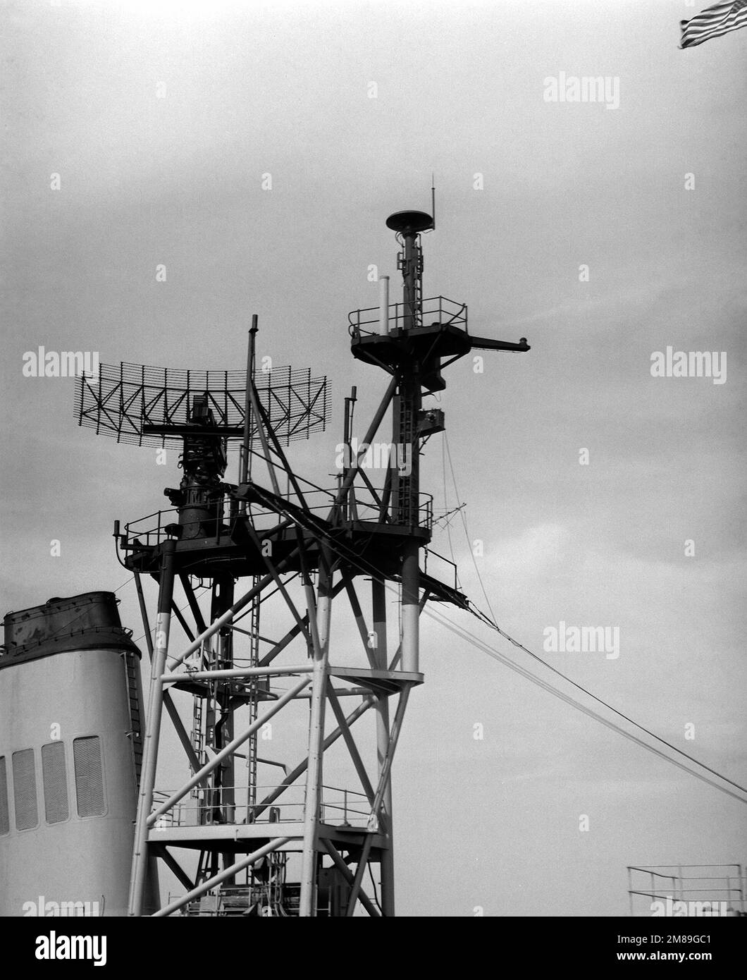 A closeup view from off the starboard side of some of the antennas