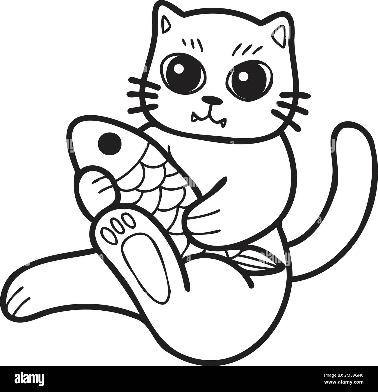 Hand Drawn cat eating fish illustration in doodle style isolated on