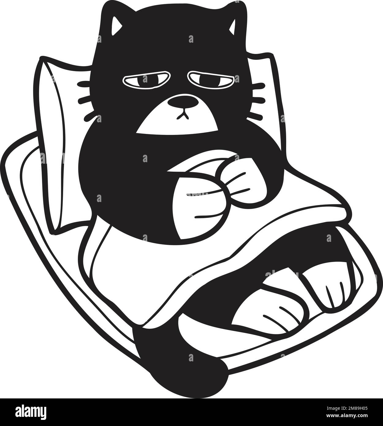 Hand Drawn sick cat sleeping on pillow illustration in doodle style