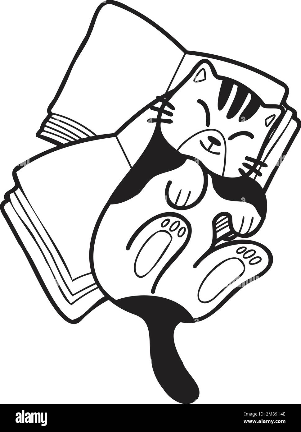 Hand Drawn striped cat lying on stack of books illustration in doodle ...