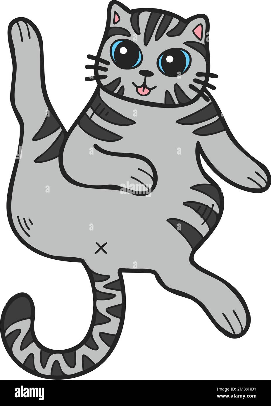 Hand Drawn Sleeping striped cat showing belly illustration in doodle