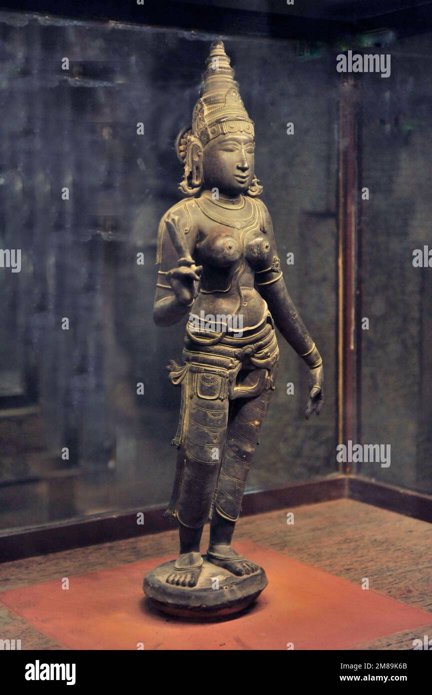 Sculpture of a Hindu Goddess in bronze Chola dynasty in Meenakshi Temple Madurai state Tamil