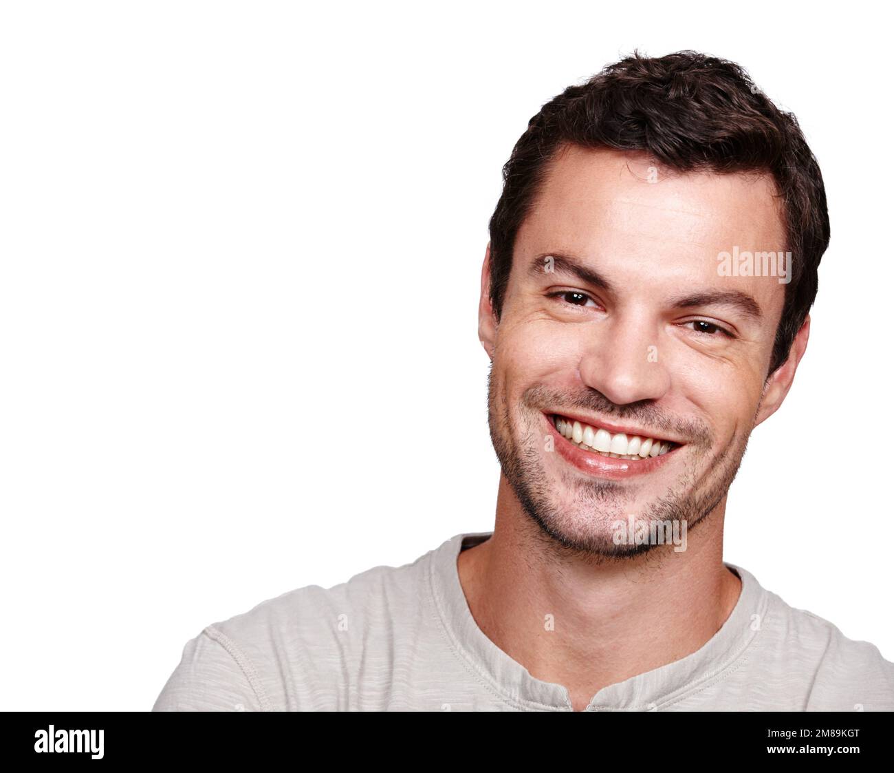 Smile portrait, handsome man and close up in white background for ...