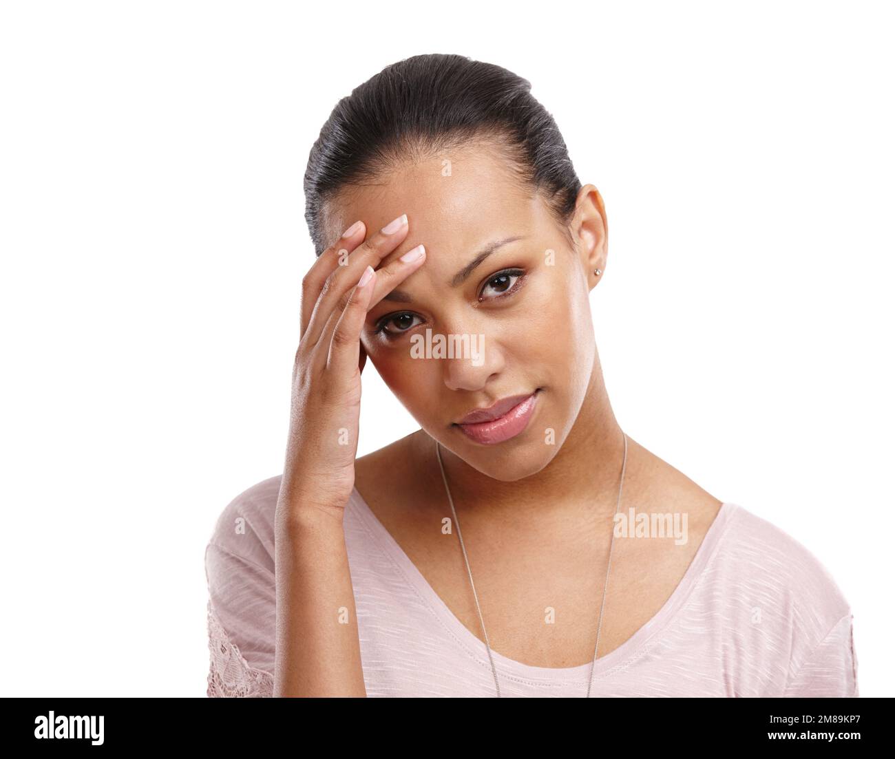 Headache, woman and face with pain, stress and frustrated with crisis