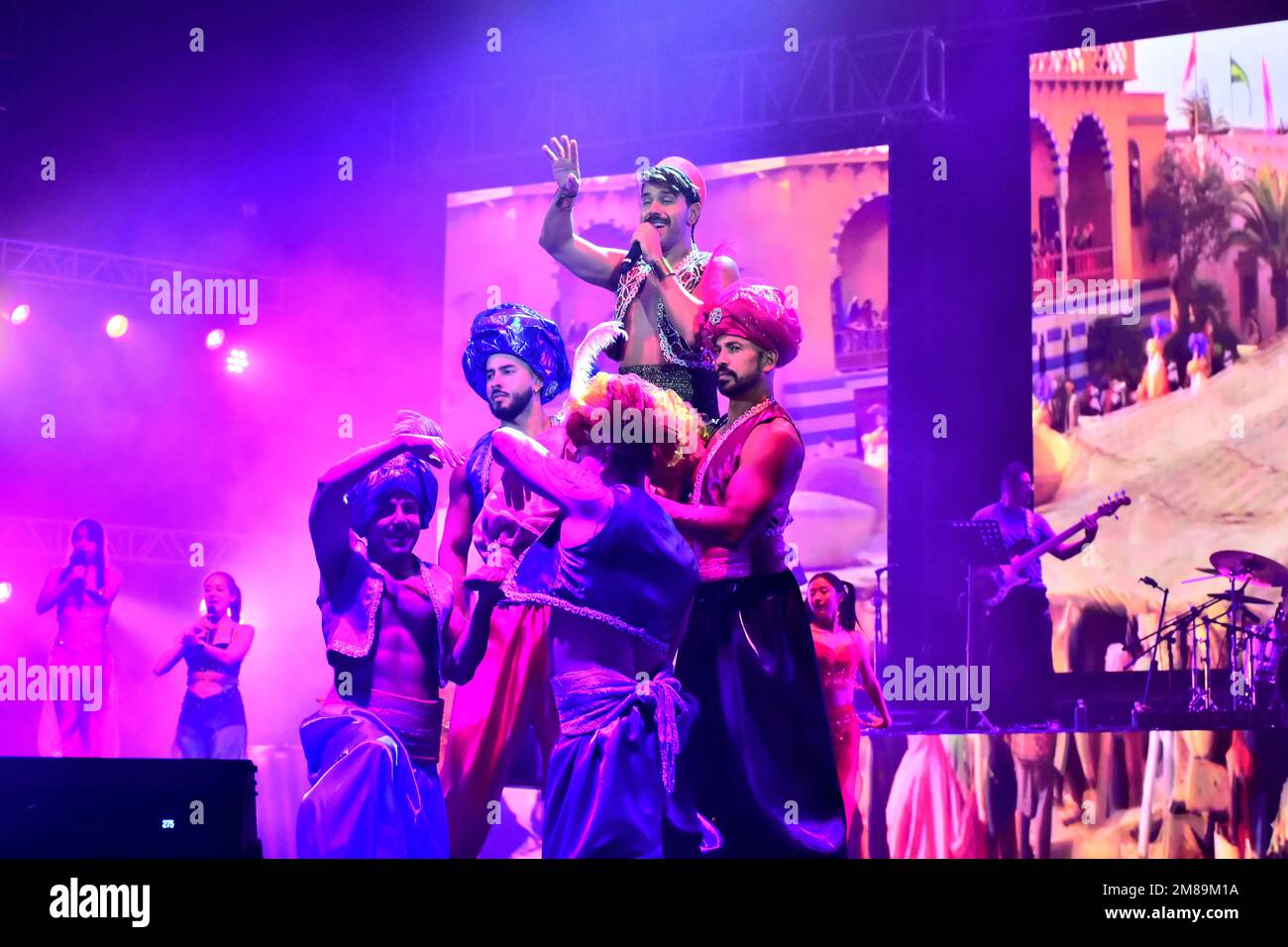 Leon, Mexico. 12 JAN 2023: Actors perform Disney's Aladdin Prince Ali Song at stage with live music as 'Disney Myst' Feria de Leon main show.   Credit: Juan Jose Valdez / JVMODEL Stock Photo