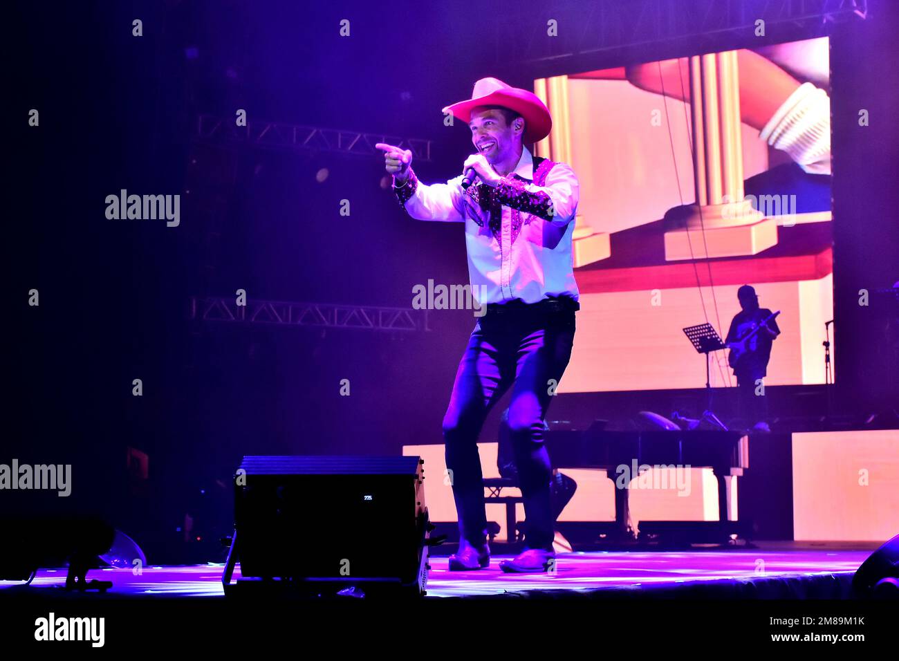 Leon, Mexico. 12 JAN 2023: Actor performs Woody and play Disney-Pixar Toy Story 'You got a friend on me' at stage with live music as 'Disney Myst' Feria de Leon main show.   Credit: Juan Jose Valdez / JVMODEL Stock Photo