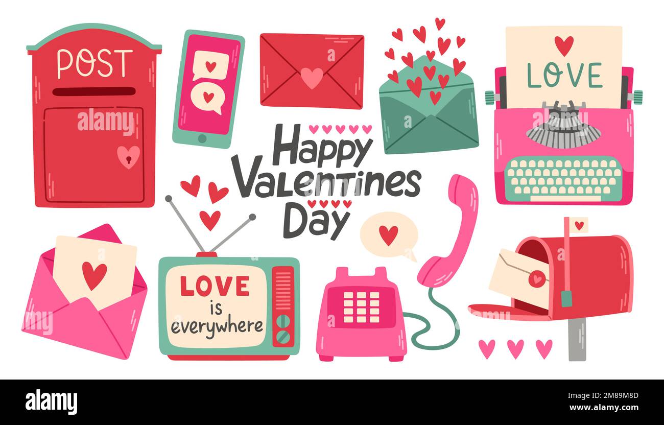 Valentines Day set with heart and other elements on a white background ...