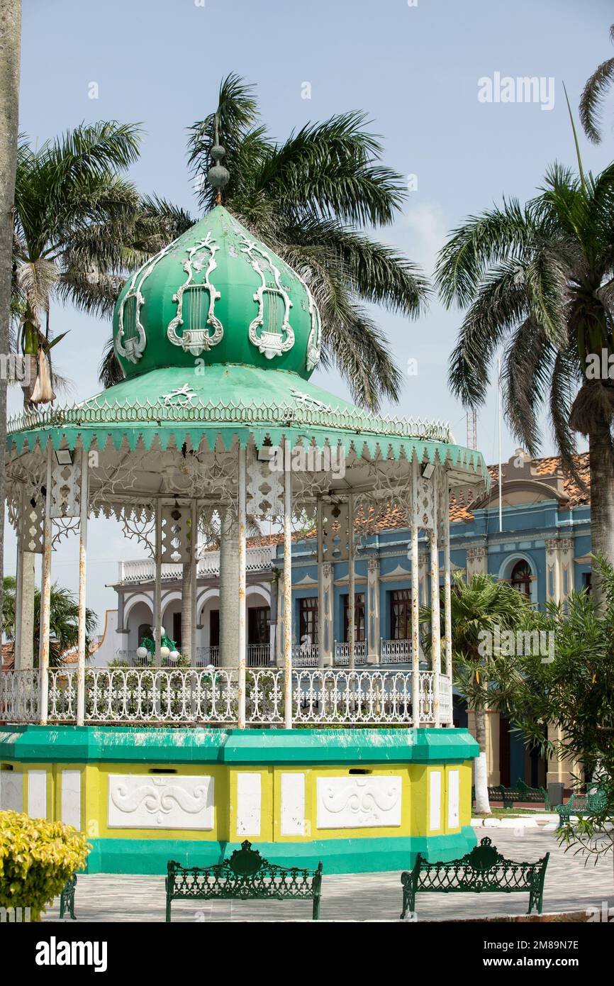 Palm framed view of a central plaza in Tlacotalpan, Veracruz, Mexico. Stock Photo