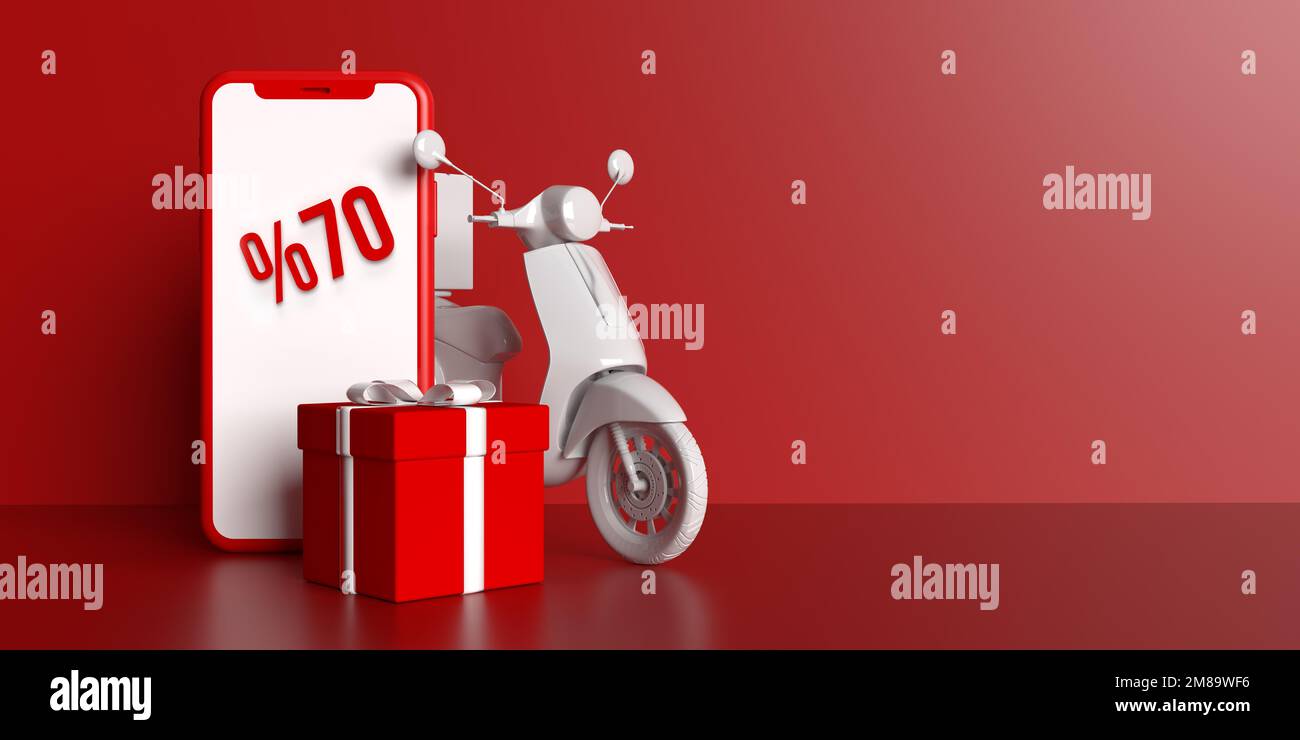 70 % online shopping discount on mobile phone screen, many beautifully wrapped gift boxes and scooter delivery application on bright red background Stock Photo