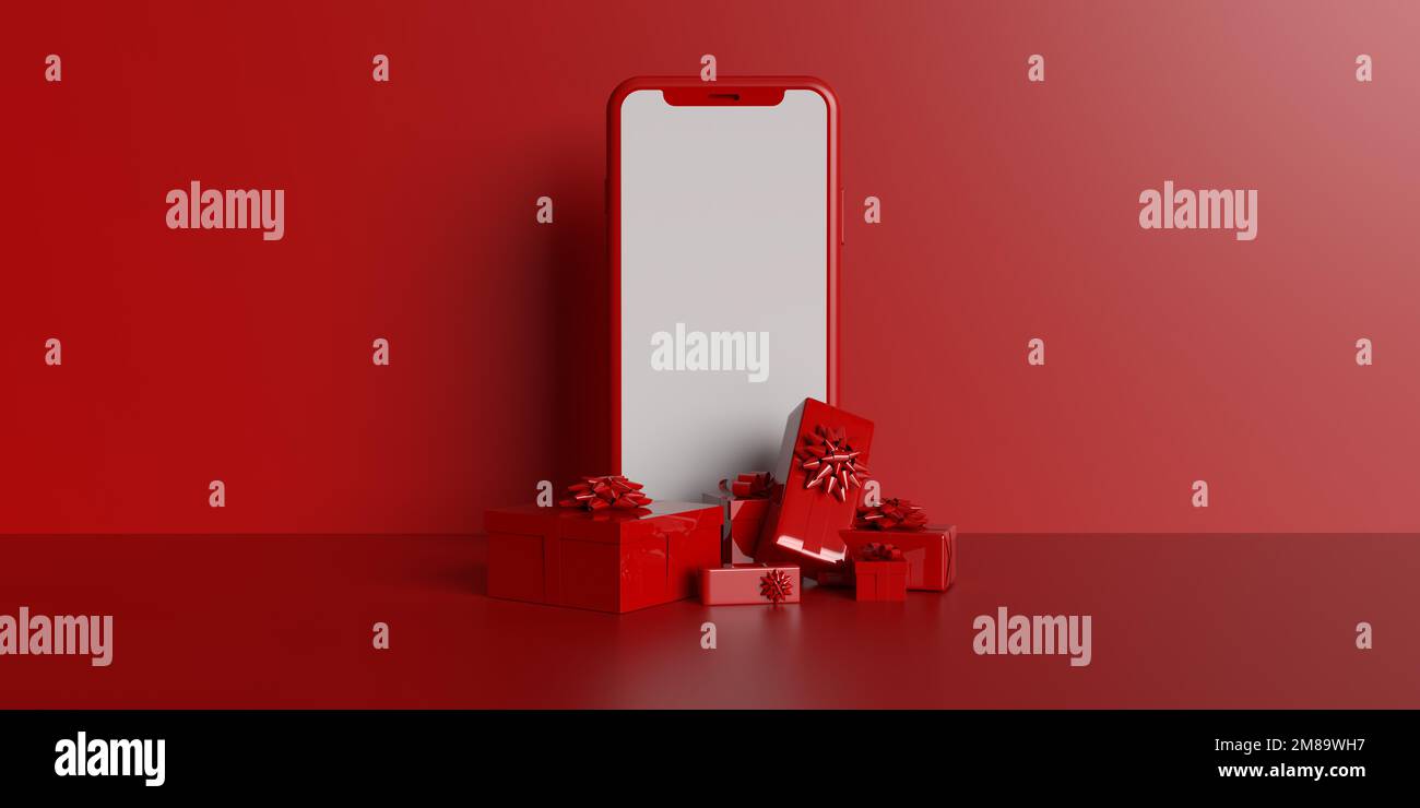 Blank mobile phone screen for online shopping order application and beautiful wrapped gift boxes on bright red background, copy space. 3D render. Stock Photo