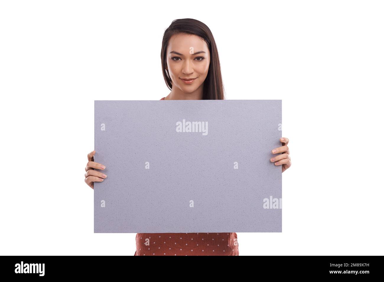Portrait, poster and mockup with a woman in studio isolated on a white ...