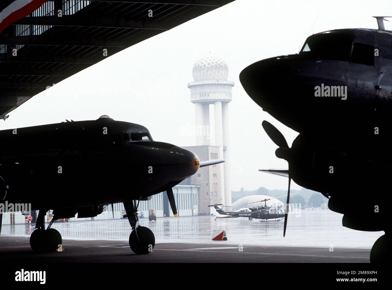 A view of a C-54 Skymaster aircraft, left, and a C-47 Skytrain aircraft ...