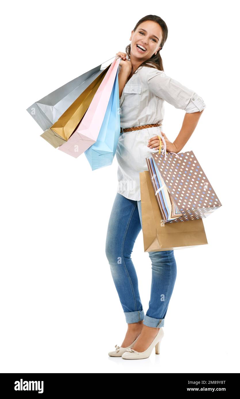 Retail, shopping and bags with woman in city for fashion, summer and gift  for rich lifestyle. Luxury, sales and wow with happy girl customer in  street Stock Photo - Alamy