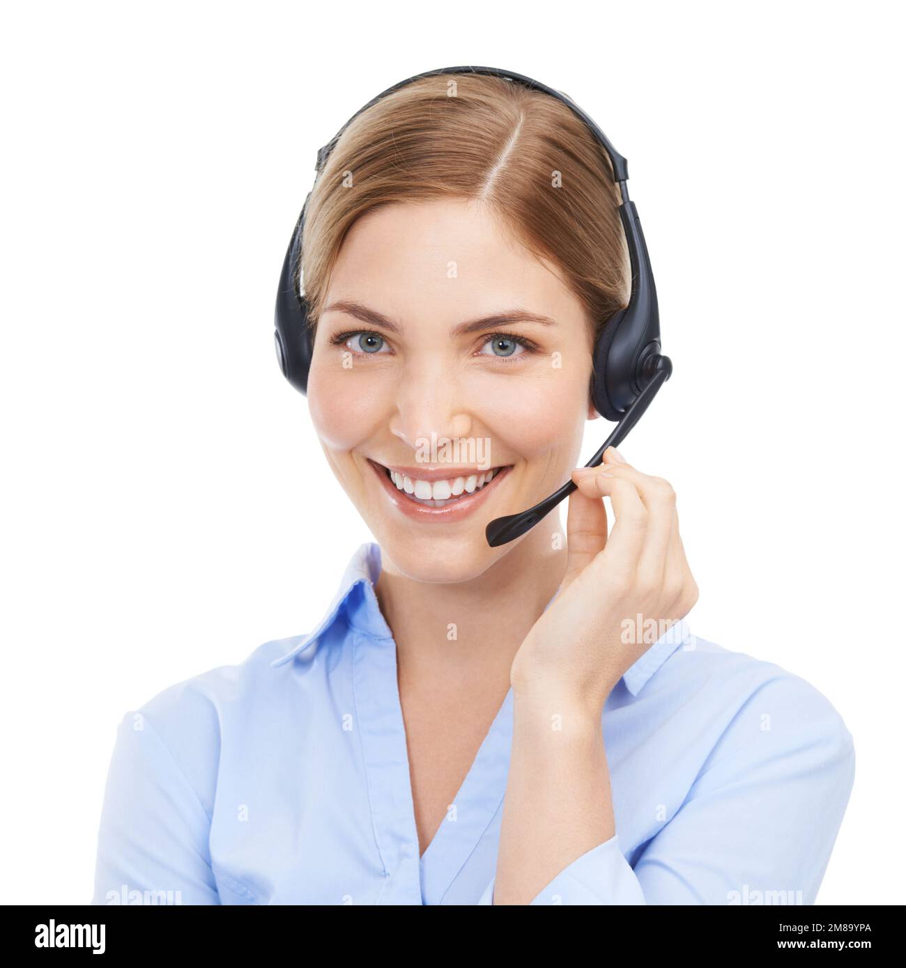 Customer service, face and portrait of woman at call center in studio isolated on white background. Crm, contact and smile of happy female Stock Photo