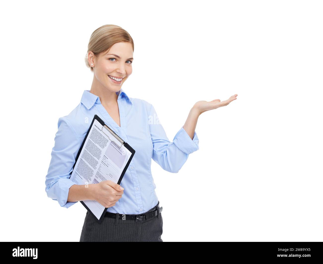 Portrait, documents and mockup with a business woman in studio on a ...