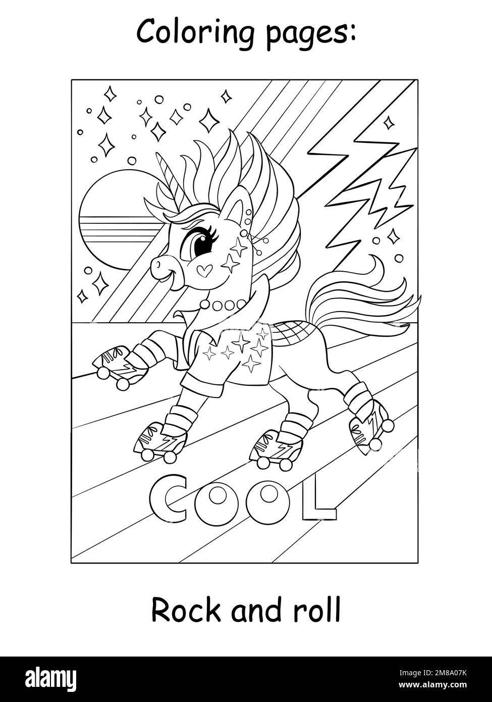 Cute cool unicorn in roller skates at the disco. Kids coloring book page. Vector cartoon illustration isolated on white background. Linear drawing. Fo Stock Vector