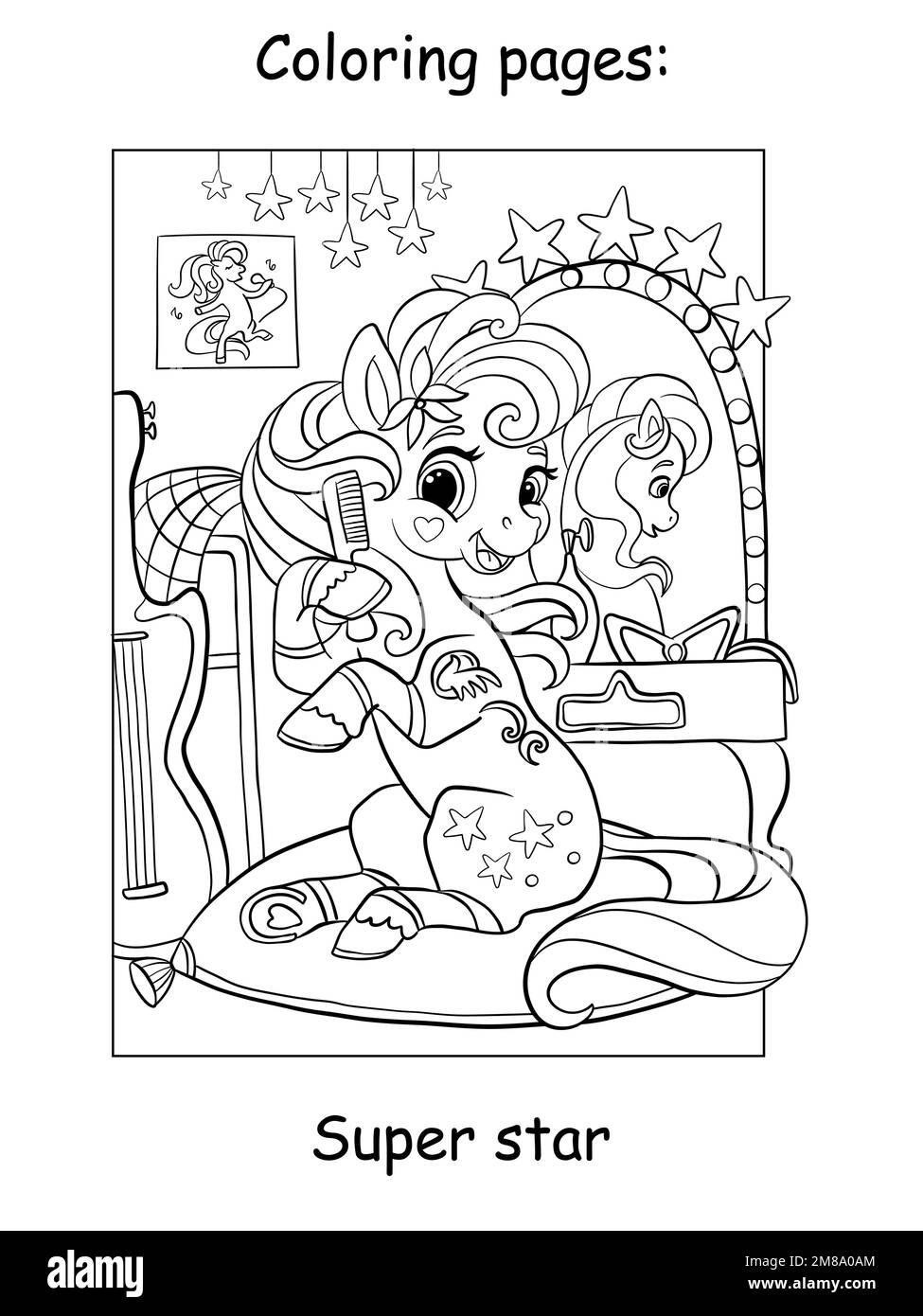 Super star singer unicorn combs her mane in the dressing room. Kids coloring book page. Vector cartoon illustration isolated on white background. For Stock Vector