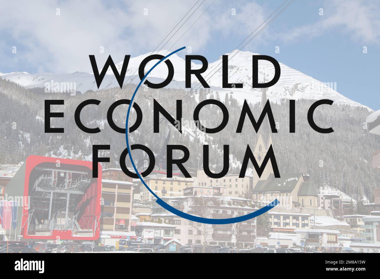 Logo of WEF (World Economic Forum), in the background Davos (Composing) Stock Photo