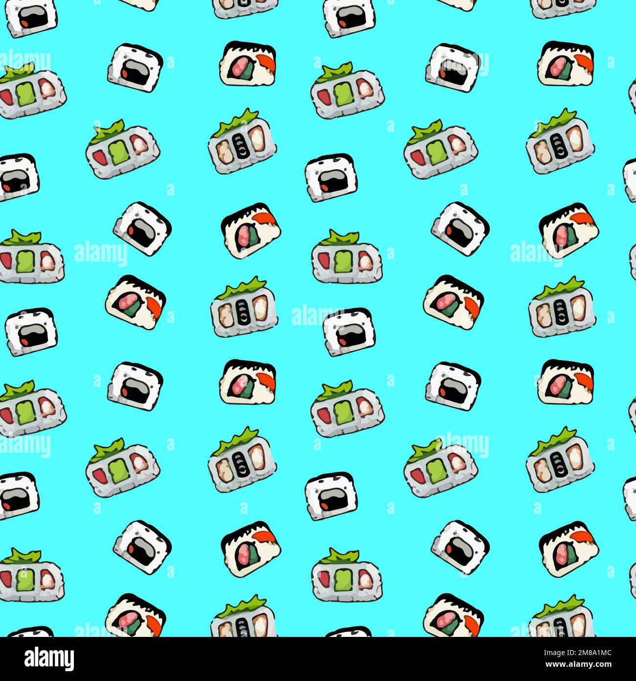 Hand drawn various kawaii sushi. Colored vector seamless pattern on ...