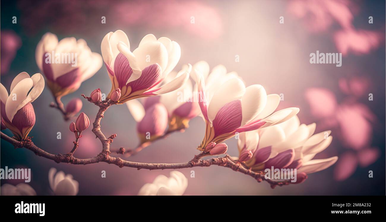 Magnolia blossoms close up. Blooming magnolia tree. Spring floral pastel background.  Blurred backdrop. Copy space. Panoramic format Stock Photo
