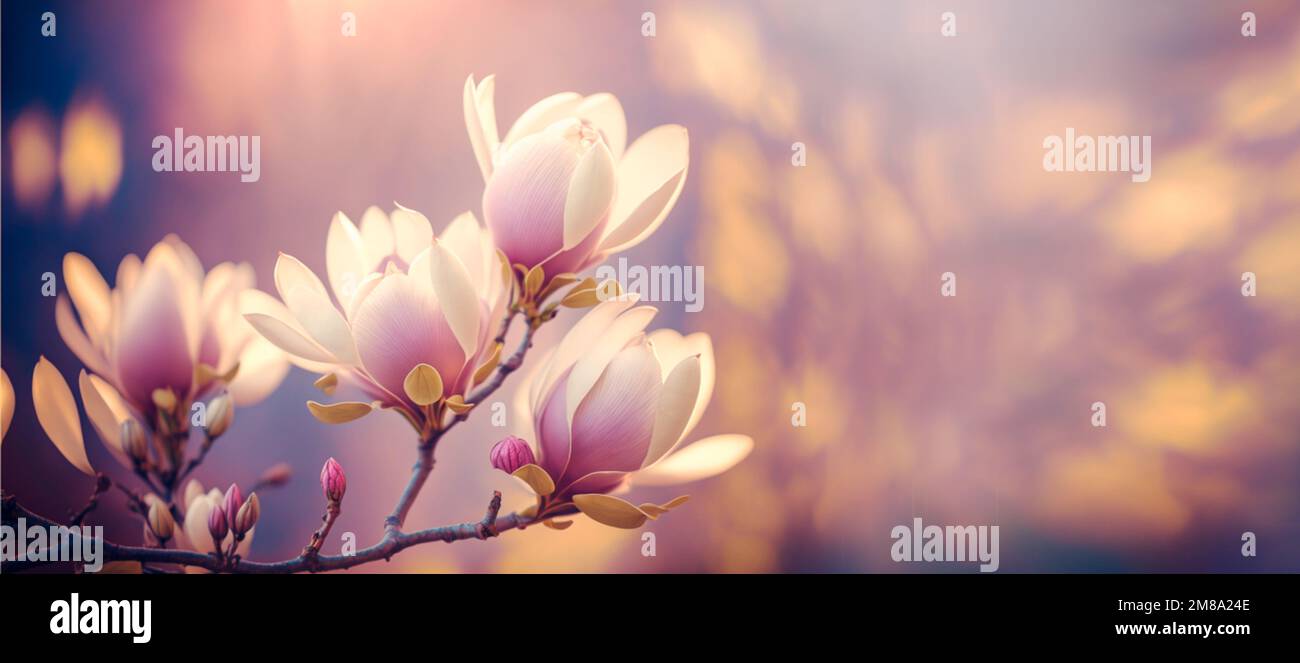 Magnolia blossoms close up. Blooming magnolia tree. Spring floral pastel background.  Blurred backdrop. Copy space. Panoramic format Stock Photo