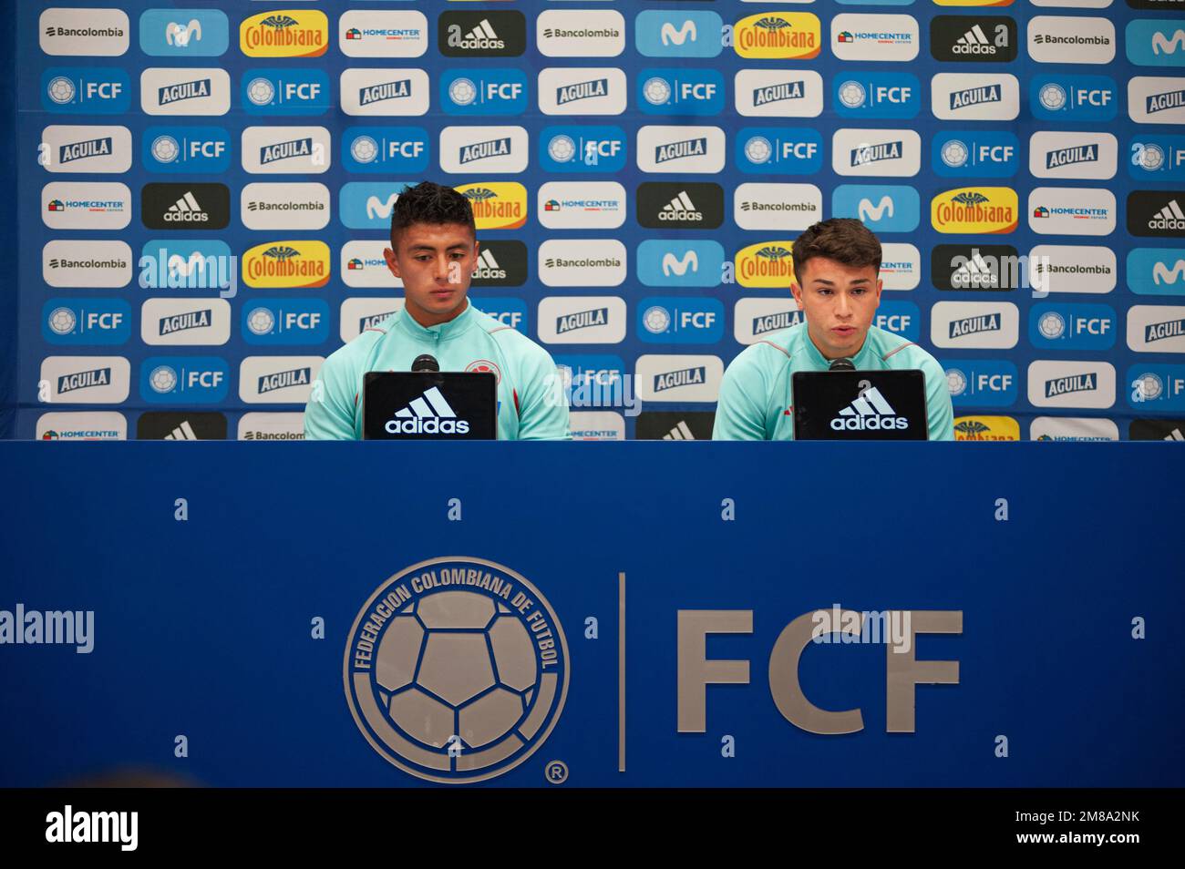 Team members Kevin Mantilla (L) and Juan David Fuentes (R) speak during a media conference of the Colombian u20 team in Bogota, Colombia, on January 11, 2022. Photo by: Chepa Beltran/Long Visual Press Stock Photo