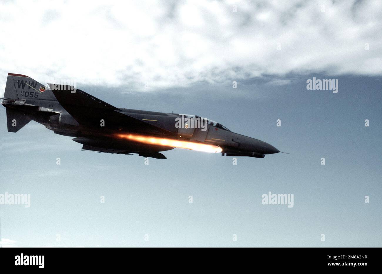 An F-4E Phantom II aircraft of the 37th Tactical Fighter Wing launches an AGM-65 Maverick Missile. Base: George Air Force Base State: California (CA) Country: United States Of America (USA) Stock Photo