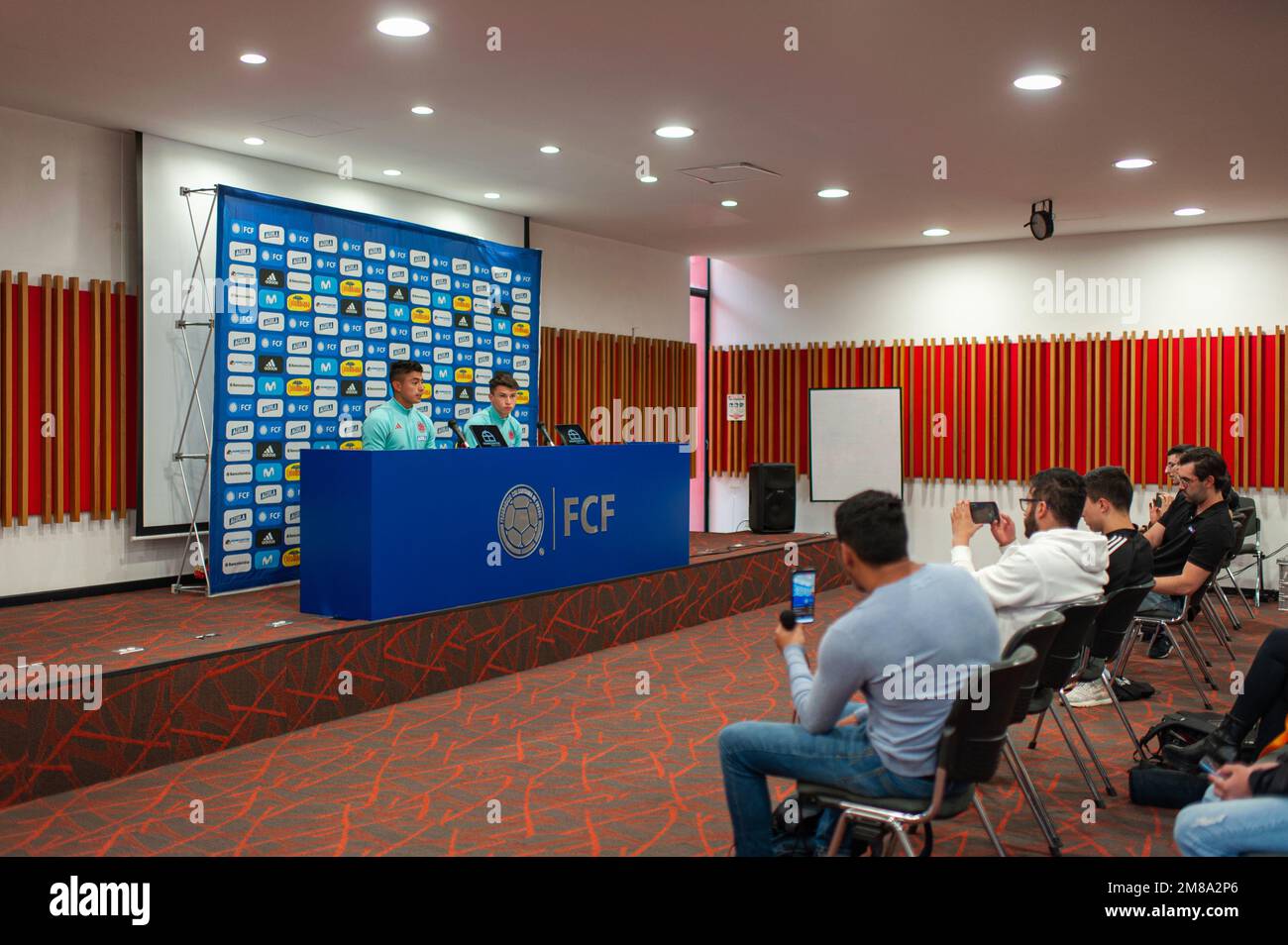 Team members Kevin Mantilla (L) and Juan David Fuentes (R) speak during a media conference of the Colombian u20 team in Bogota, Colombia, on January 11, 2022. Photo by: Chepa Beltran/Long Visual Press Stock Photo