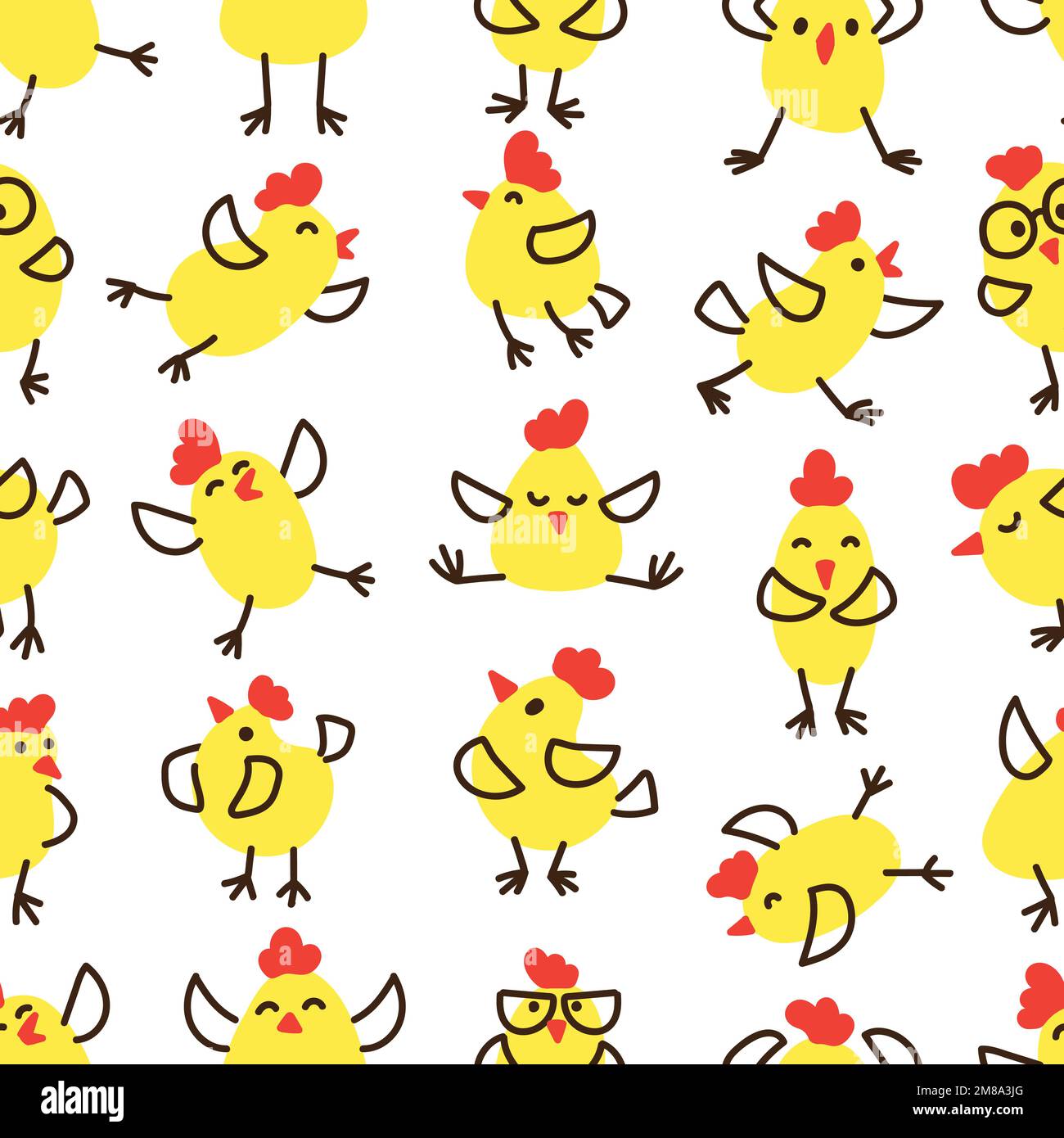 Little yellow chicks are having fun. Vector seamless pattern in doodle ...