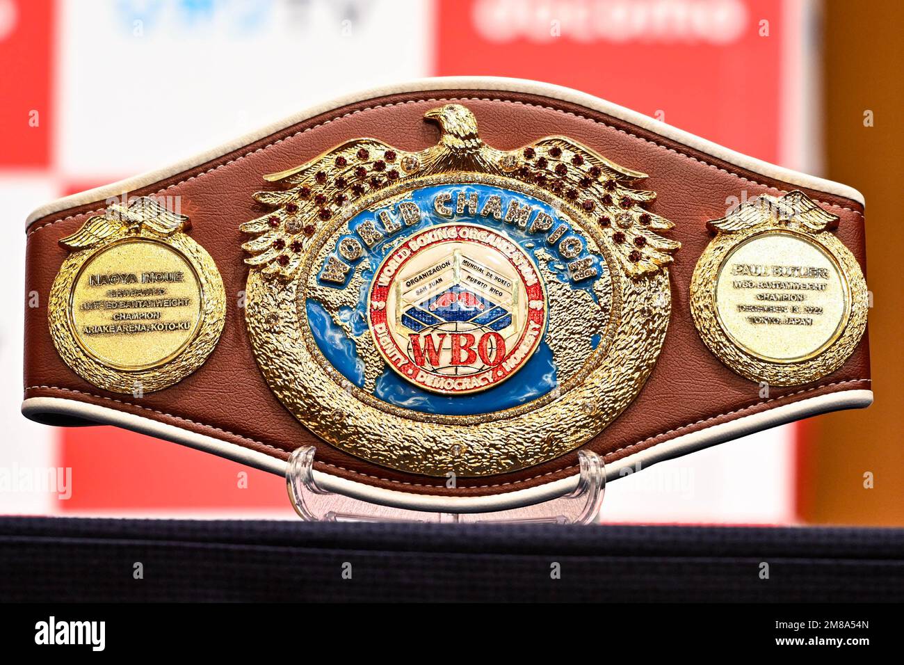 WBO World Bantamweight Championship Belt is seen during a press conference  in Yokohama, Kanagawa, Japan on January 13, 2023. Naoya Inoue has vacated  his four belts (WBA WBC IBF WBO world bantamweight